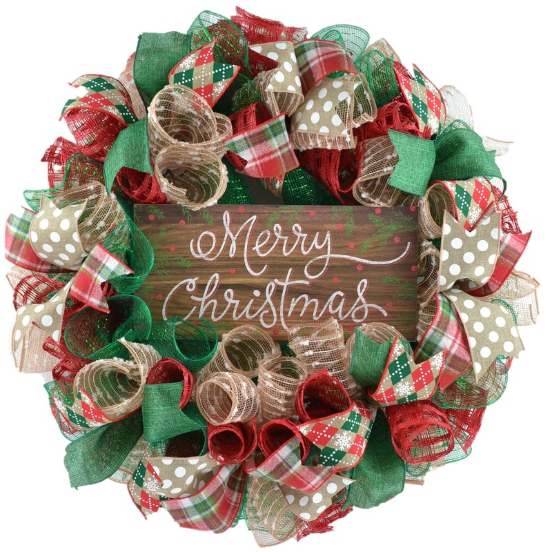 Rustic Merry Christmas Wreath | Farmhouse Outdoor Front Door Wreath | Red Jute Green