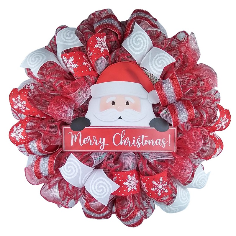 Santa Claus Peeking Merry Christmas Front Door Wreath – Red White Candy Cane Outside Decoration – Red White