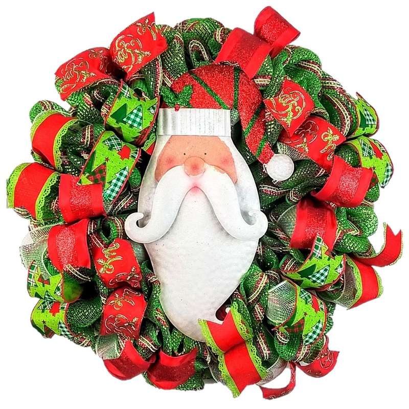 Santa Claus Wreath – Christmas Mesh Outdoor Front Door Decor – White Red Lime Green