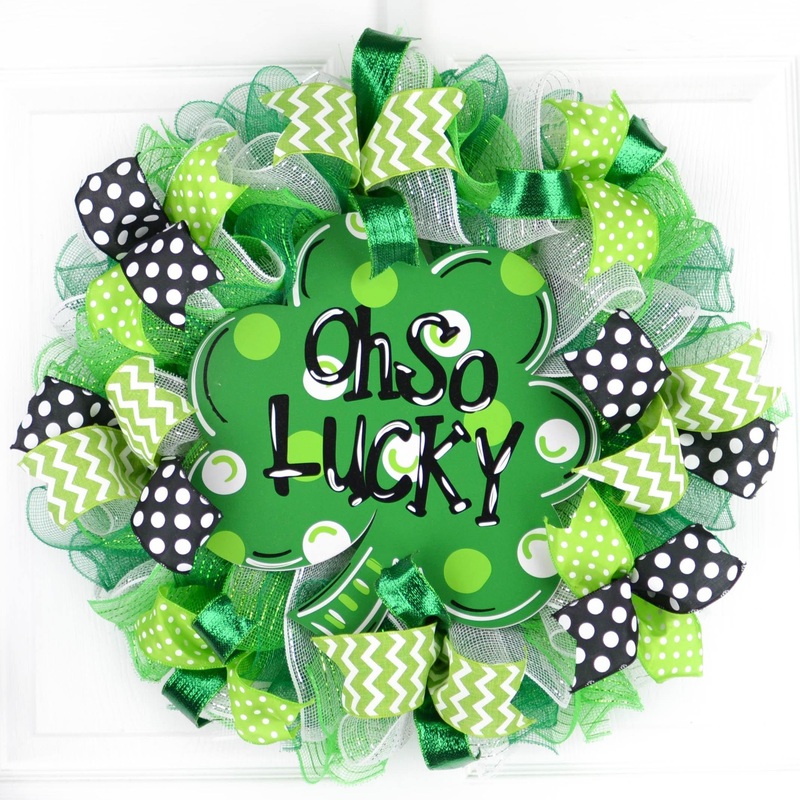 Shamrock Front Door Wreath, St Patrick’s Day Green White Black