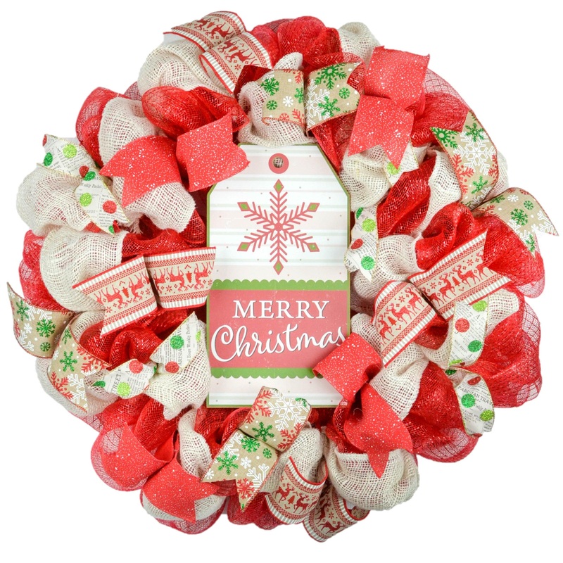 Snowflake Merry Christmas Front Door Wreath – Rustic Jute Door Decoration – Red Green Burlap Beige Ivory