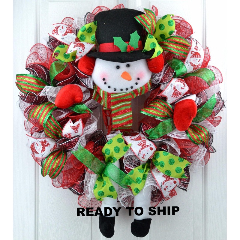 Snowman Head and Feet Mesh Front Door Wreath | Red Black Lime Green White