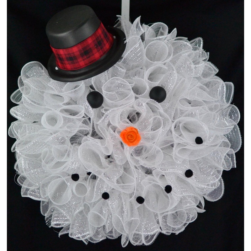 Snowman Top Hat Winter Mesh Front Door Wreath | White Black