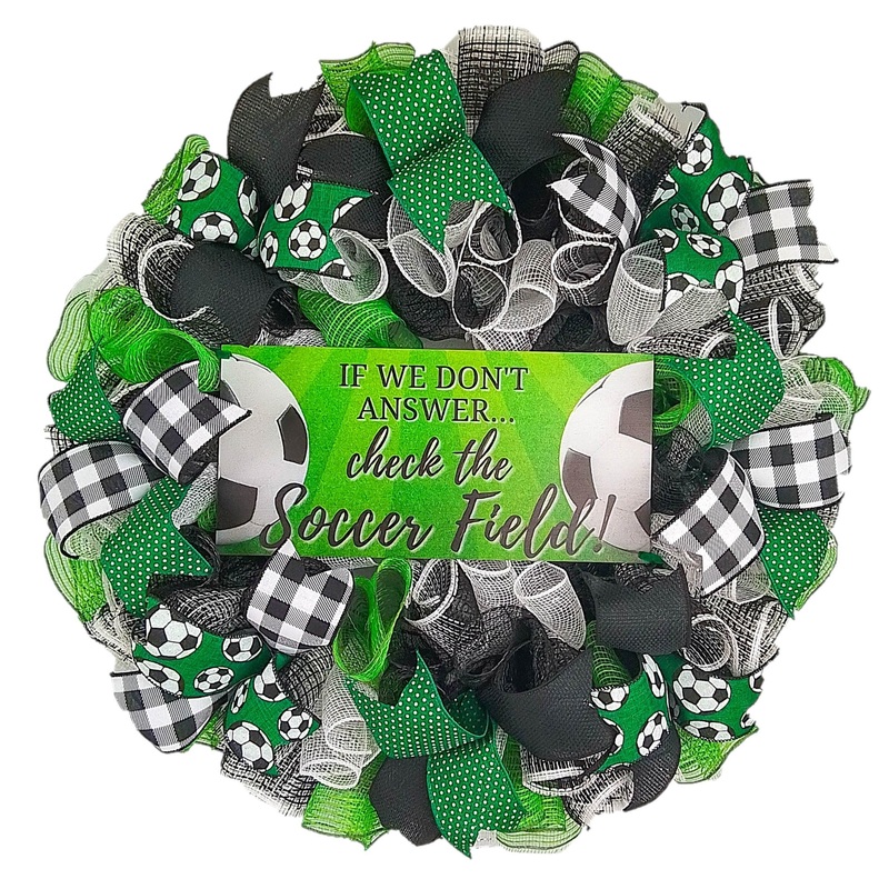 Soccer Ball Sports Mesh Door Wreath; If We Don’t Answer Check the Soccer Field | Green Black White