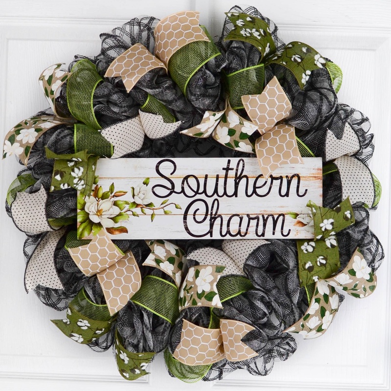 Southern Charm Magnolia Wreath – Black Green Spring Burlap Decor – Wedding Gift – Moss Burlap White