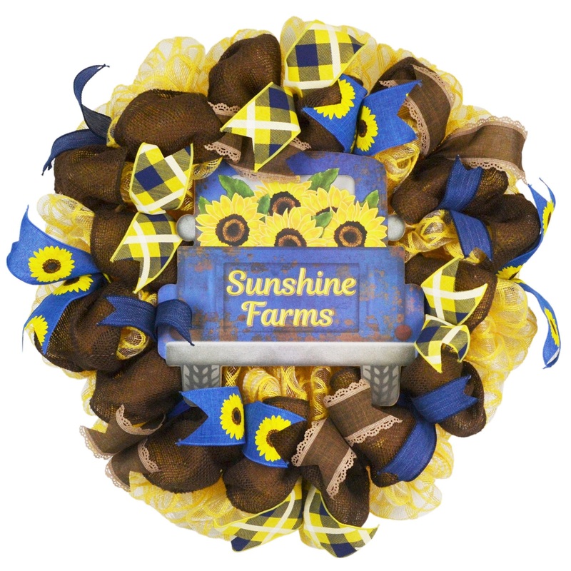 Sunshine Farms Wreath – Sunflower Farm Truck Thanksgiving Front Door Wreath – Brown Navy Burlap Yellow