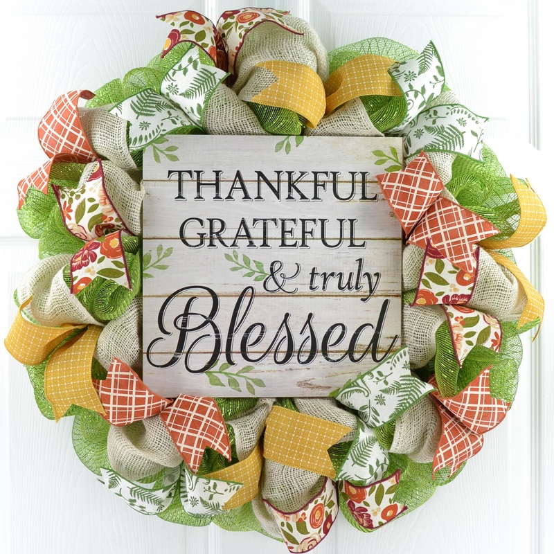 Thankful Grateful Wreath – Blessed Thanksgiving Deco Mesh Front Door Wreath