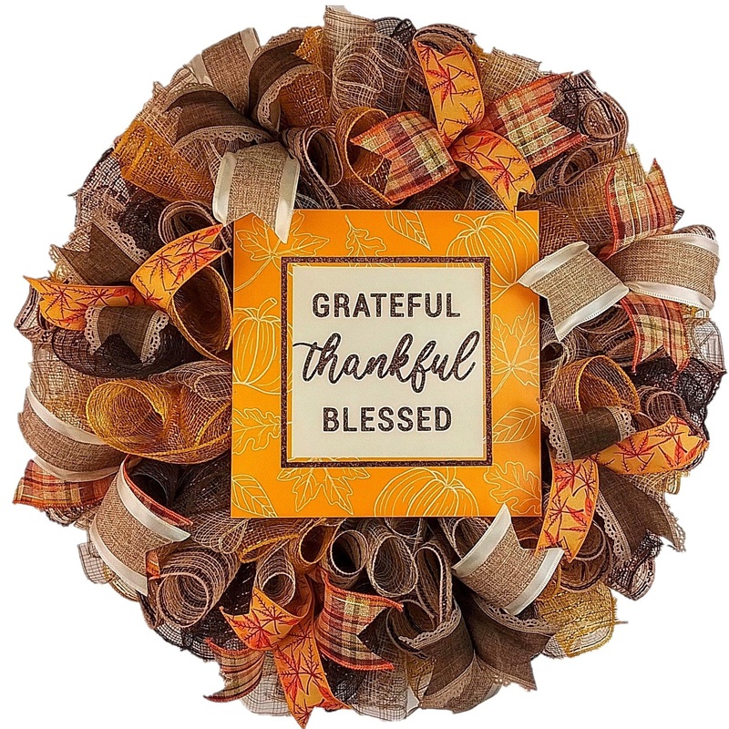 Thankful Grateful Wreath – Blessed Thanksgiving Deco Mesh Front Door Wreath – Brown Orange Mustard Yellow Plaid Leaves