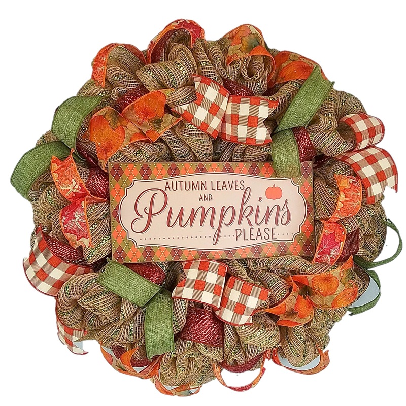 Thanksgiving Front Door Mesh Wreath – Autumn Leaves Pumpkins Please – Orange Burgundy Green