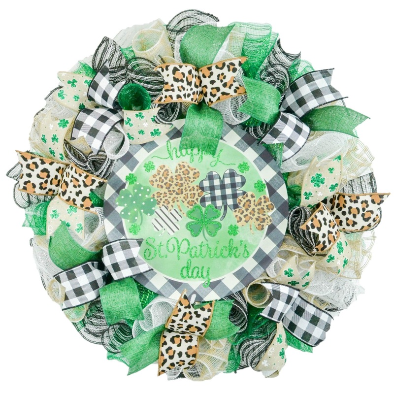 Trendy St Patricks Wreath – Animal Print Saint Patrick’s Home Sweet Home Decor – Clover Door Decorations – Green White