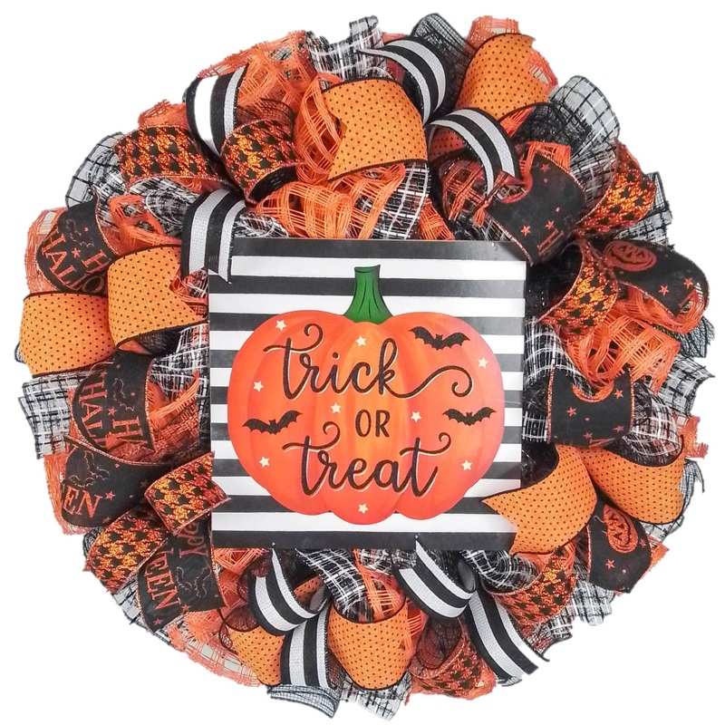 Trick or Treat Wreath – Pumpkin Door Wreaths – Halloween Jack O Lantern Thanksgiving Front Door Decor; Orange Black White Stripe