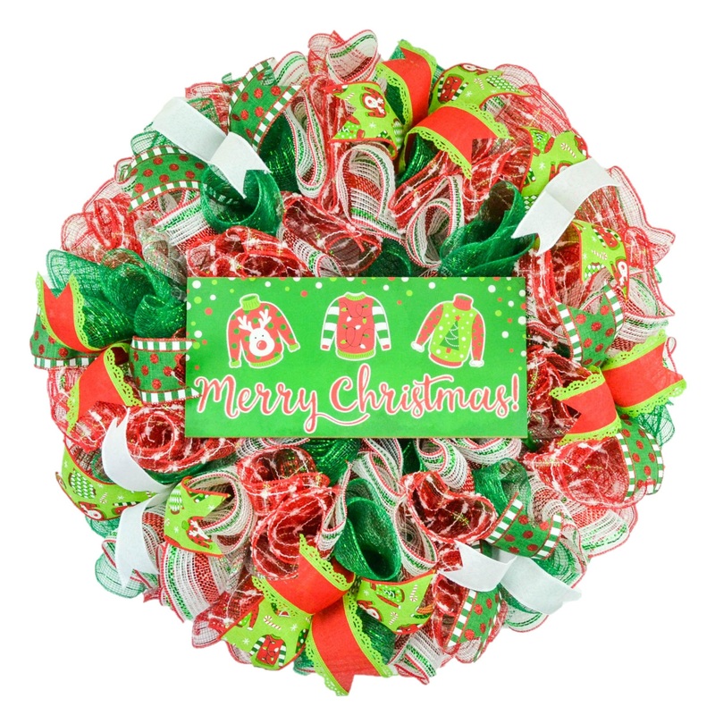 Ugly Christmas Sweater Wreath – Xmas Mesh Door Decor – Holiday Decorations – Red White Emerald Green