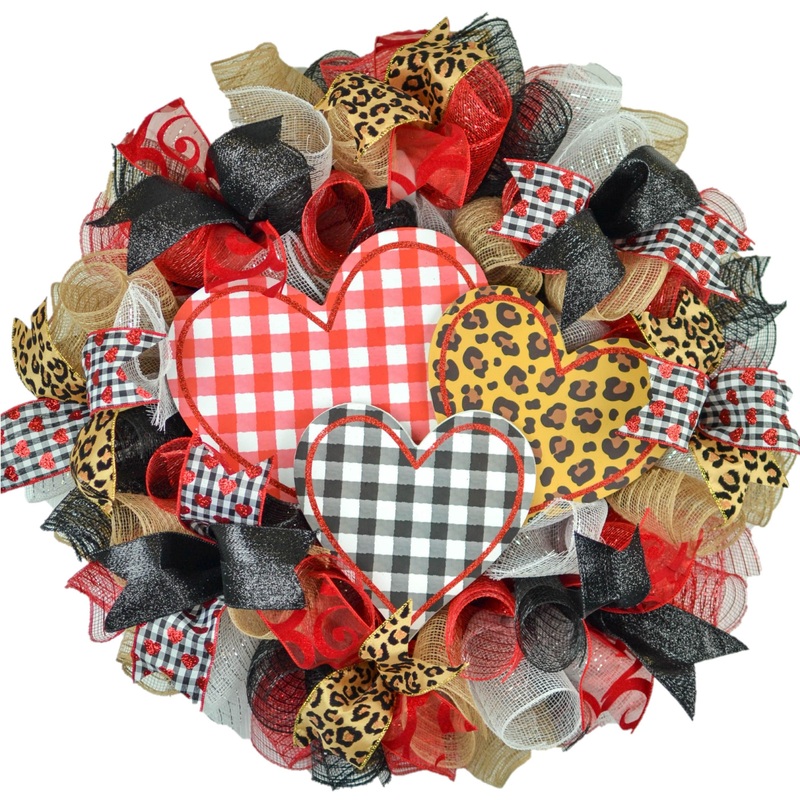 Valentine’s Day Mesh Door Wreath – Red White Black Buffalo Plaid – Animal Print Door Decor