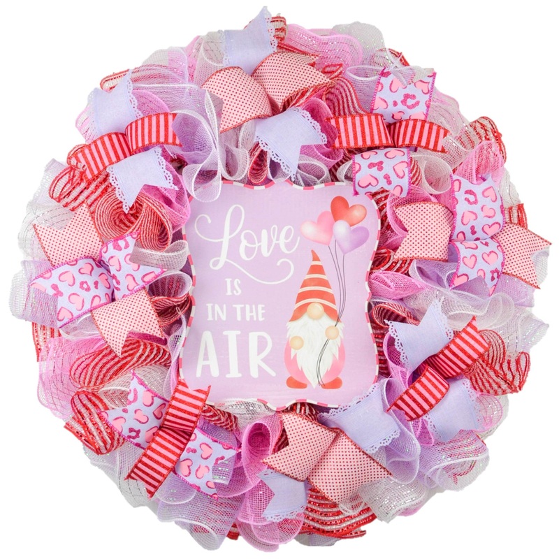Valentine’s Day Wreath – Love is in the Air Gnome Valentine Wreaths – Valentines Mesh Door Wreath | Heart Wreath | Red Pink