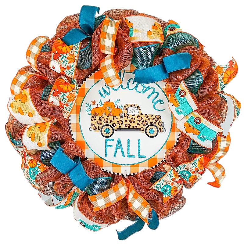 Welcome Fall Wreath – Farm Truck Thanksgiving Front Door Decor – Brown Orange Burlap Turquoise