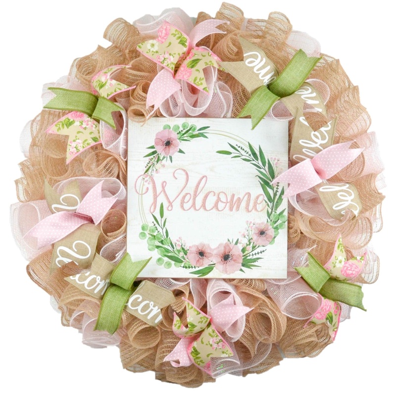 Welcome Floral Spring Wreath – Mothers Day Gift – Summer Front Door Decor – Everyday Decoration – Pink White