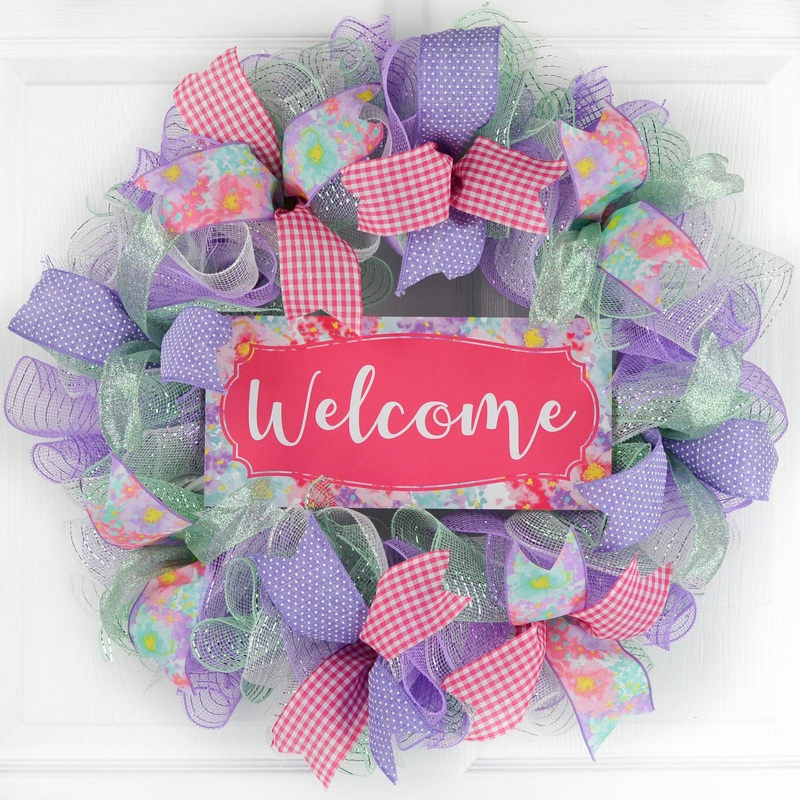 Welcome Floral Welcome Wreath – Everyday Watercolor Spring Decor – Wedding Gift – Purple Mint Pink