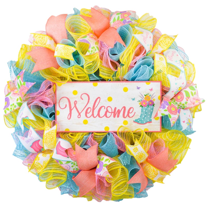 Welcome Rainboot Wreath – Spring Door Wreaths – Turquoise Yellow Coral | Gift for Mom’s Birthday
