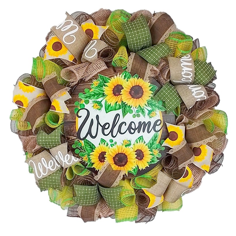 Welcome Sunflower Wreaths – Sun Flower Mesh Front Door Wreath – Burlap Thanksgiving Everyday Decor – Yellow Brown Burnt Orange Red