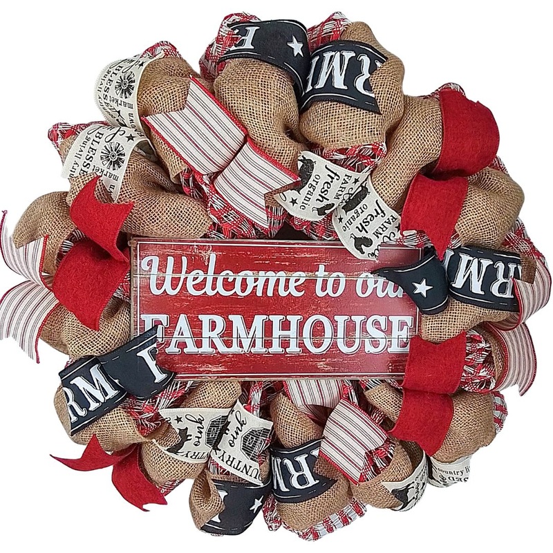 Welcome to Our Farmhouse Wreath – Rustic Burlap Everyday Decor – Red Black Burlap Mother’s Day Gift