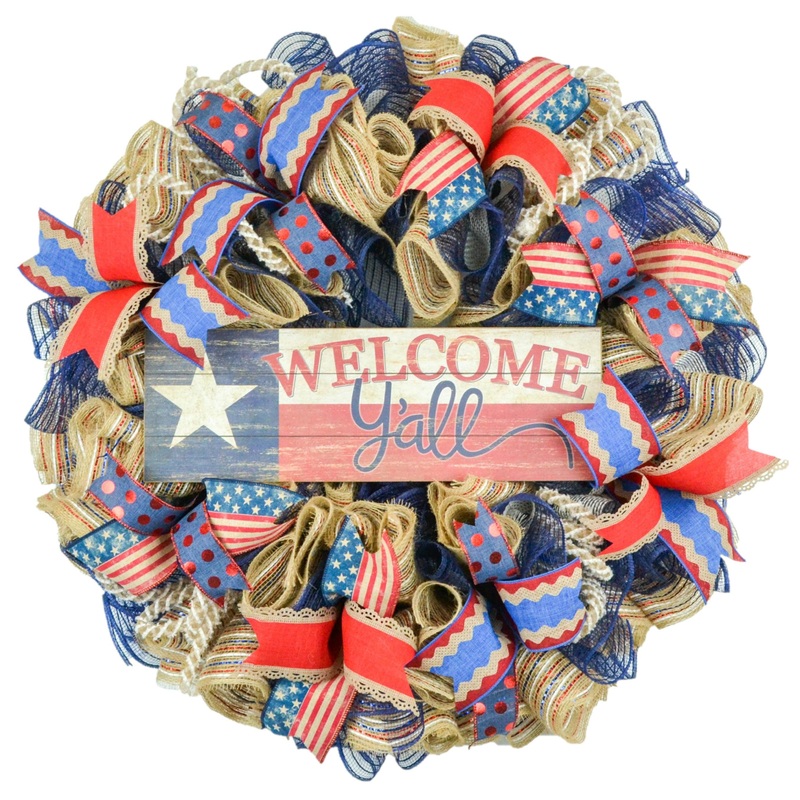 Welcome Y’all Texas Mesh Door Wreath – Burlap Red White Navy Blue