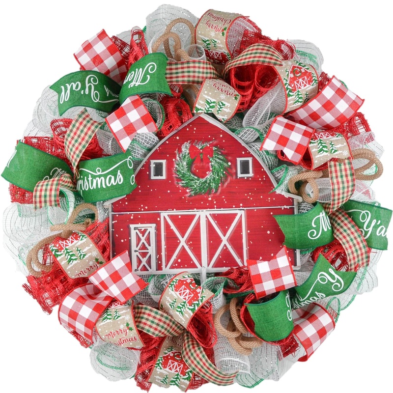 Winter Barn Christmas Mesh Wreath – Farmhouse Outdoor Front Door Decoration – Red Green White