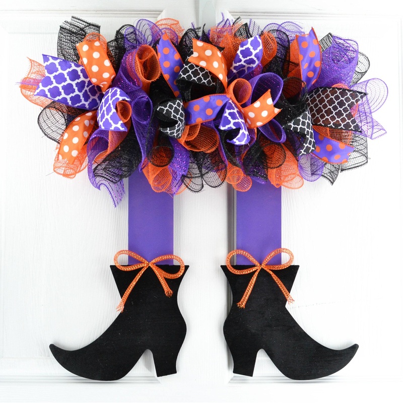 Witch Skirt Legs Halloween Mesh Door Wreath | Black Orange Purple