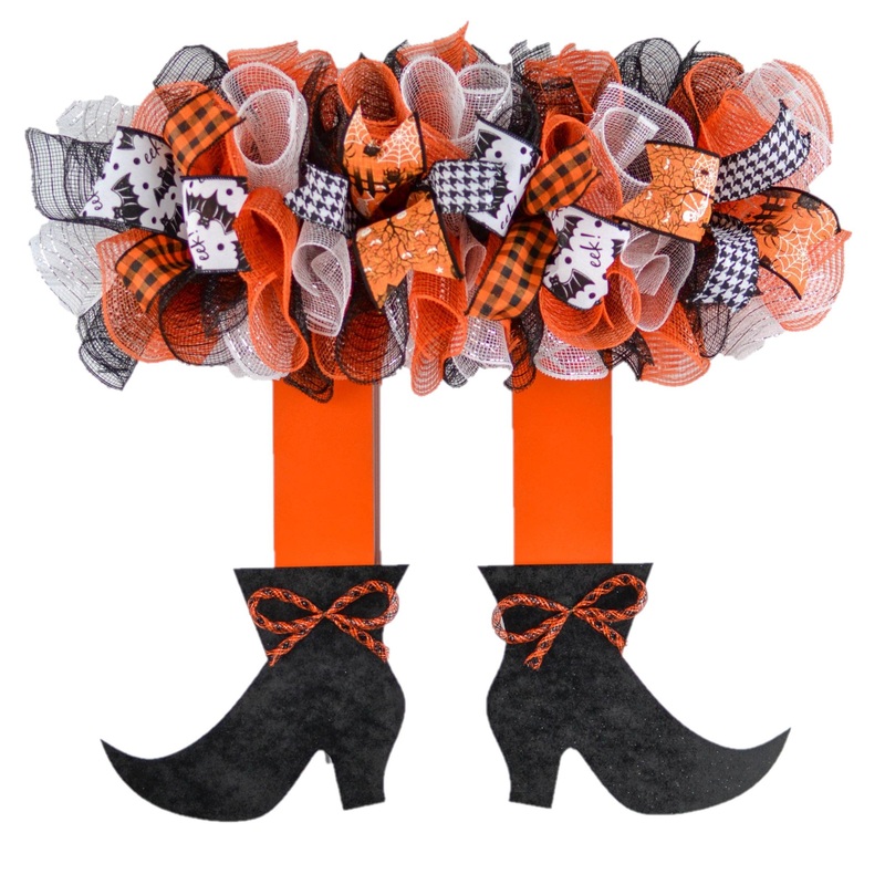 Witch Skirt Legs Halloween Mesh Door Wreath | Black Orange White