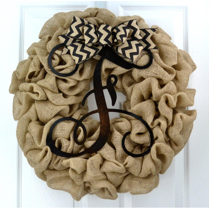 Black Burlap Monogram Door Wreath with Chevron Bow | LOTS of colors! No Centerpiece