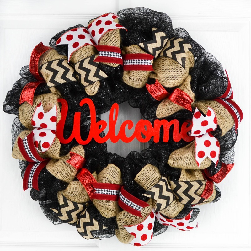 Black Red Burlap Welcome Mesh Outdoor Front Door Wreath – White Chevron No Centerpiece
