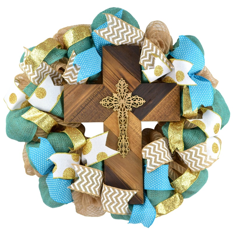 Blue Front Door Wreath, Rustic Cross : Gold White