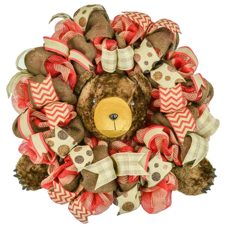 Brown Bear Wreath | Rustic Cabin Lodge Burlap Decor | Outdoor Red Brown Jute Burlap