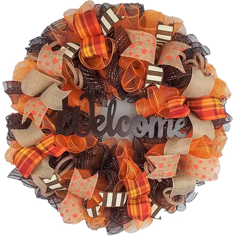 Brown Front Door Wreath for Fall, Welcome Wreath for Thanksgiving : F3 No centerpiece