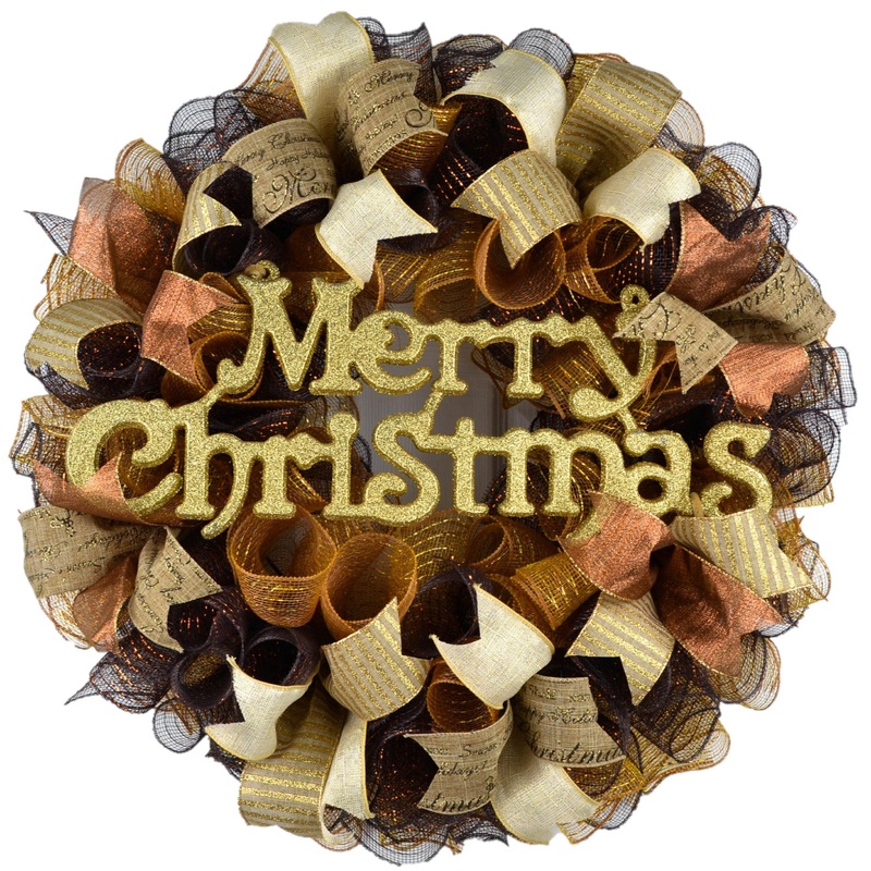 Brown Gold Merry Christmas Mesh Front Door Wreath | Rustic Holiday Decor No Centerpiece
