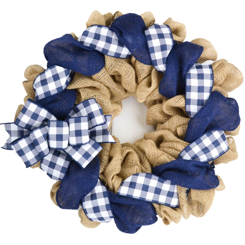 Buffalo Check Burlap Front Door Wreath – Navy Blue White Everyday Year Round Decor – Gift for Mom No Centerpiece