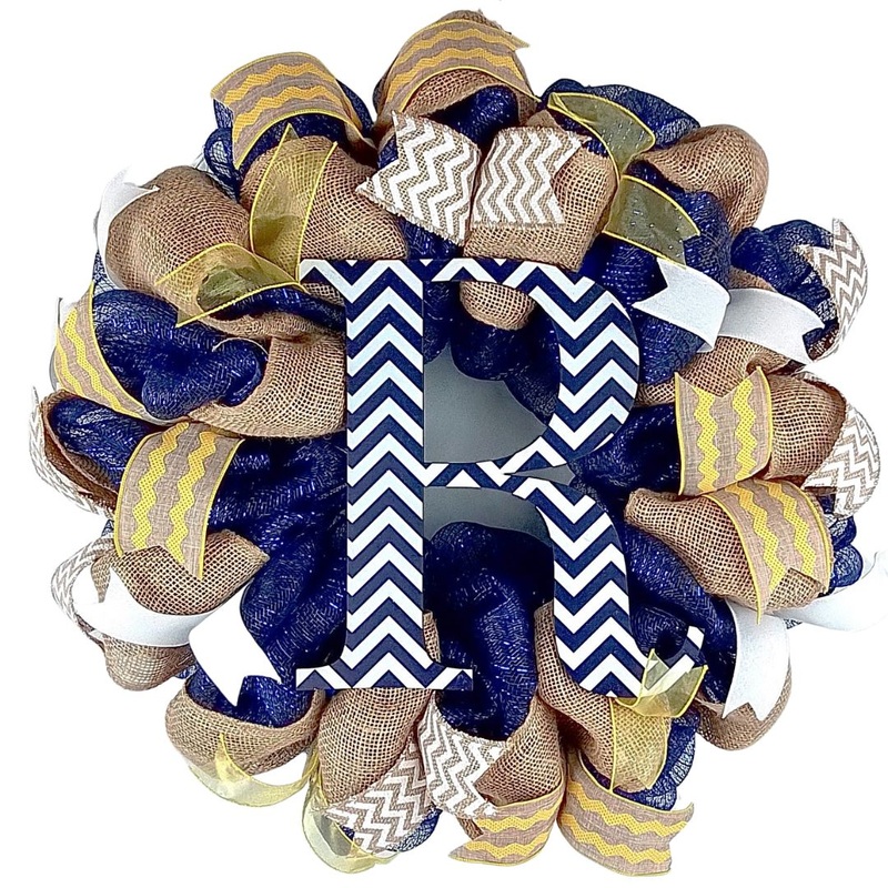 Burlap Monogram Mesh Door Wreath | Navy Blue, Yellow, White No Centerpiece