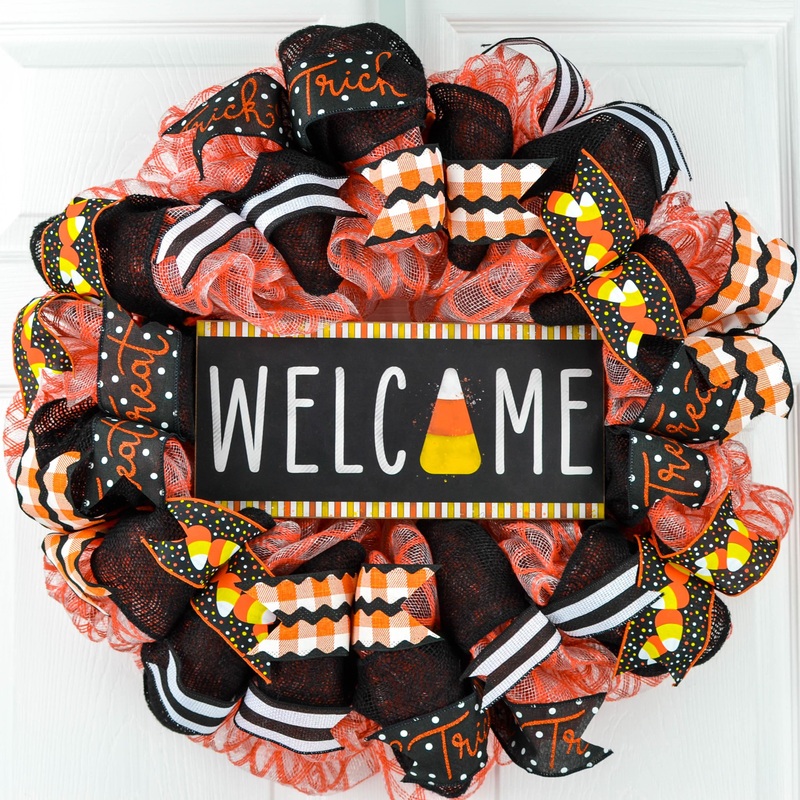 Candy Corn Welcome Halloween Door Wreaths – Trick or Treat Orange Mesh Wreath