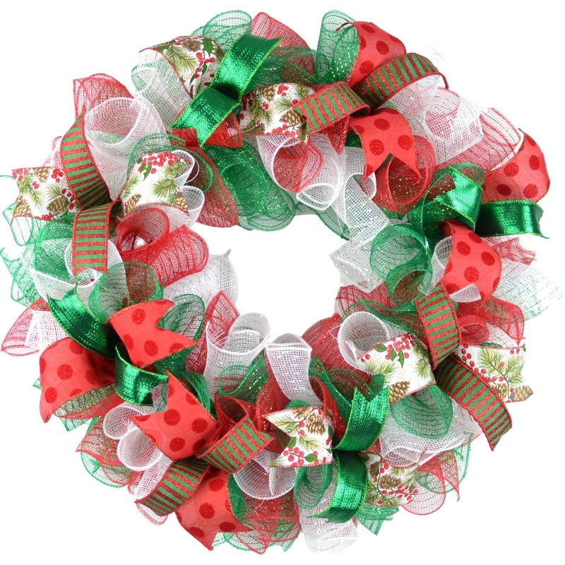 Christmas Wreath | Holiday Mesh Front Door Wreath | Red White Emerald Green No Centerpiece