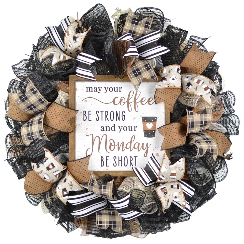 Coffee Wreath – Coffee Lovers Gift – Farmhouse Burlap Everyday Decor – Brown Black White