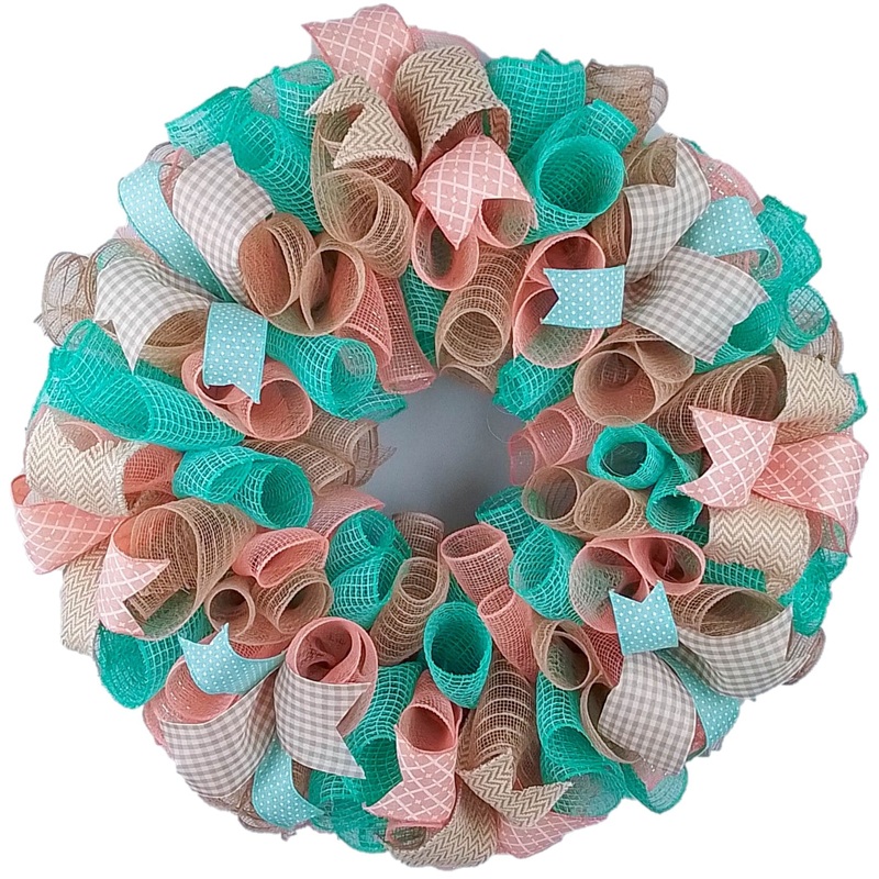 Coral and Mint Year Round Wreath, Everyday Wreath for Front Door No Centerpiece