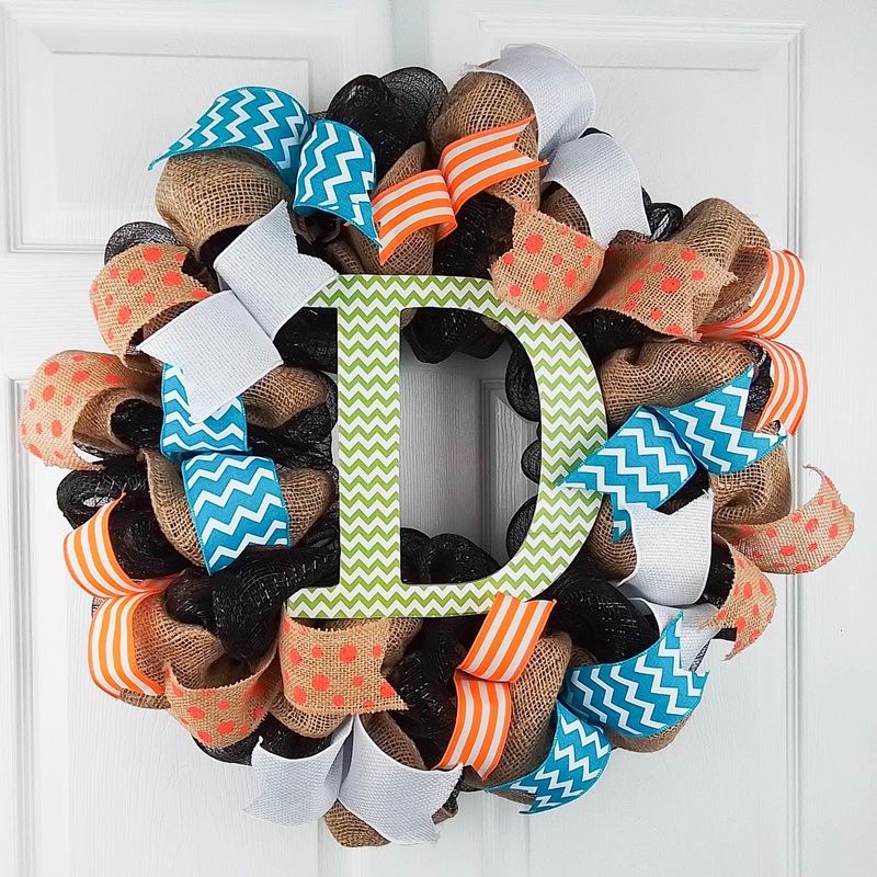 Custom Door Wreath, Burlap Monogram Wreath, Black Orange No Centerpiece
