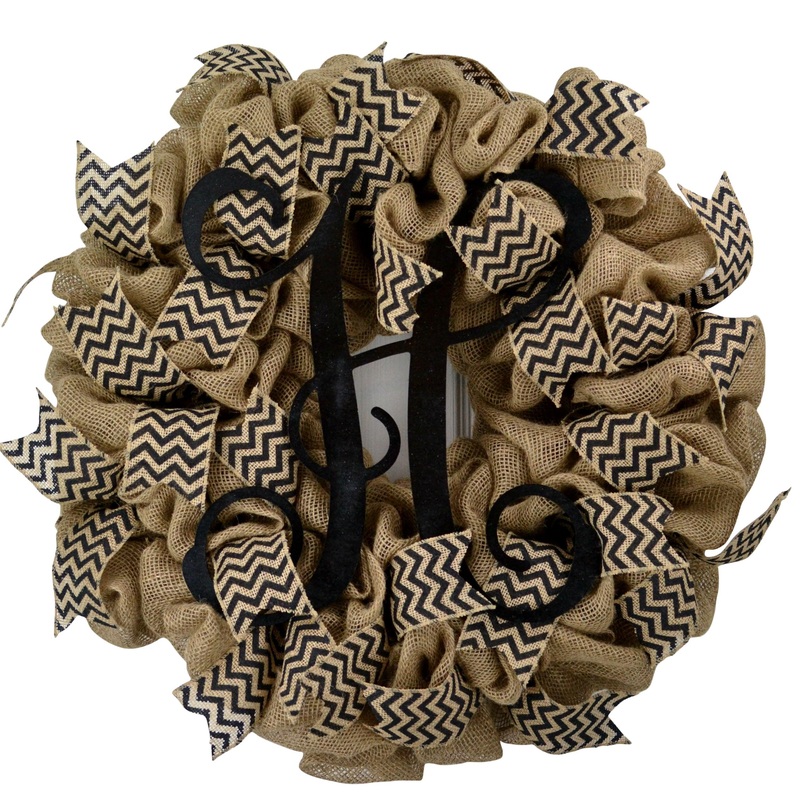 Customized Black Chevron Burlap Monogram Wreath No Centerpiece