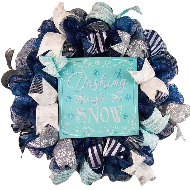 Dashing through the Snow Wreath – Winter Christmas Mesh Front Door Wreath – White Blue Grey