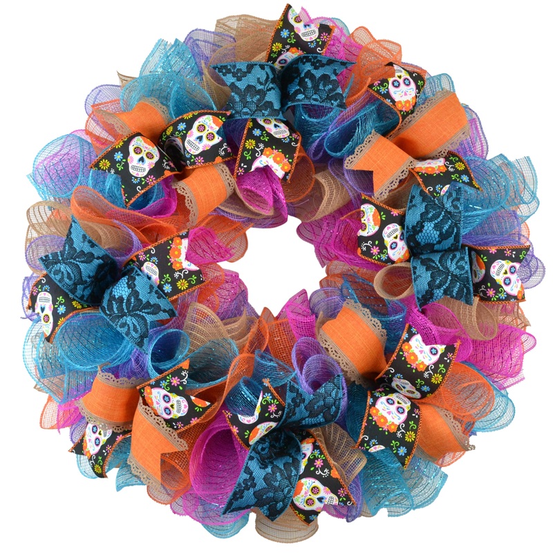 Day of the Dead Wreath, Skull decoration, Front Door Wreath Mesh – Multi Color Wreath No Centerpiece
