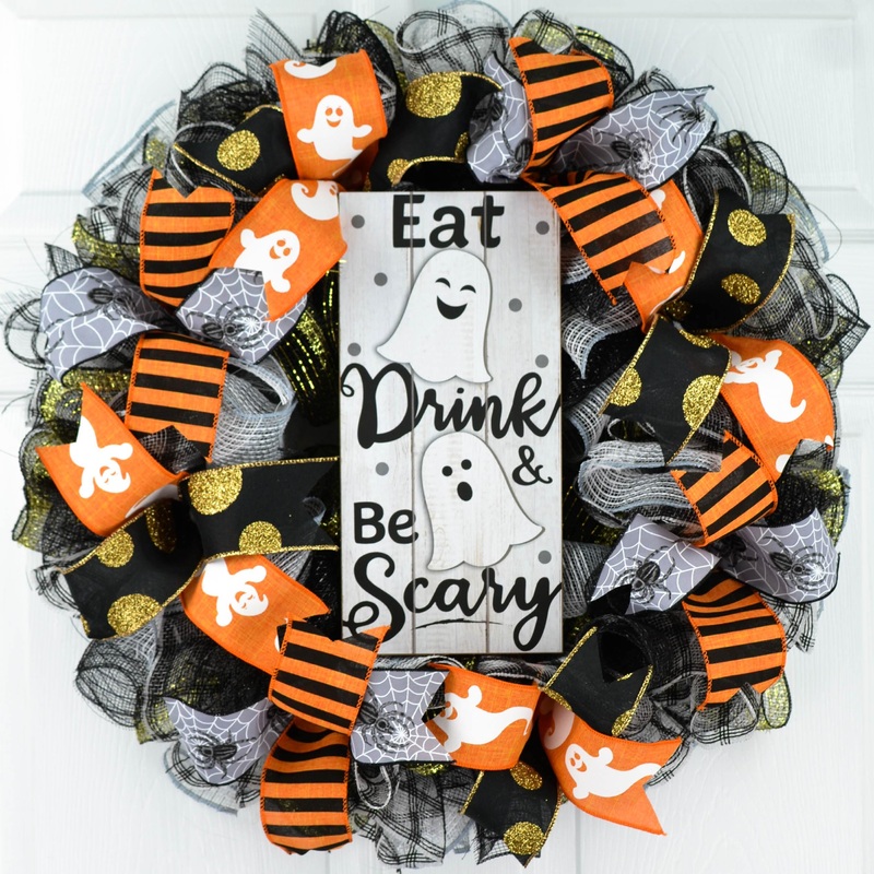 Eat Drink & Be Scary Ghost Halloween Front Door Mesh Wreaths