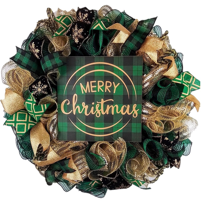 Emerald Buffalo Check Wreath – Merry Christmas Plaid Decor – Green Black Gold