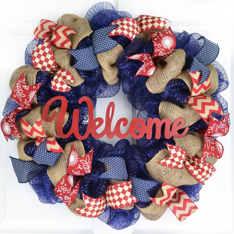 Everyday Burlap Mesh Door Wreath – Monogram Rustic Farmhouse Navy Blue Front Door Decor No Centerpiece