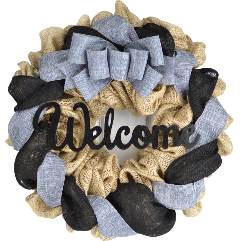 Everyday Burlap Welcome Wreath – Birthday Gift for Mom – Wedding Present – Black Grey Brown No Centerpiece