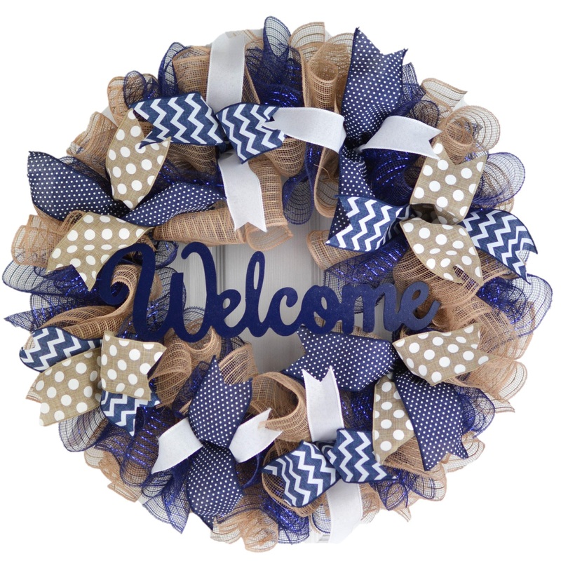 Everyday Navy Blue Wreath | Mother Unique Gift | Navy Blue Burlap Jute White No Centerpiece