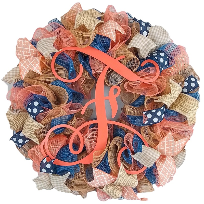 Everyday Wreath | Monogram Wreath | Year Round Wreath | Coral Navy Blue Jute Burlap No Centerpiece